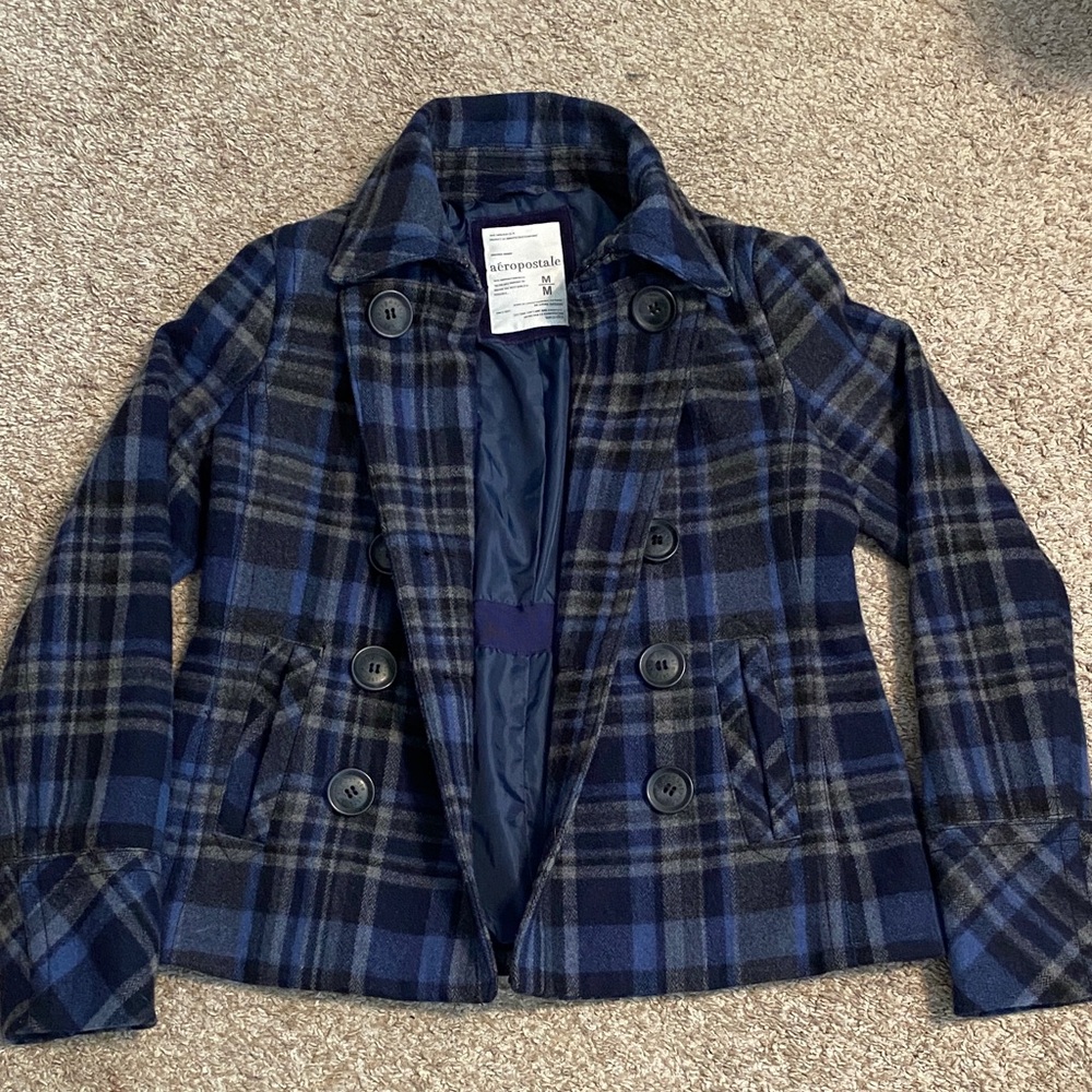 Aeropostale Women's Navy and Gray Plaid Peacoat